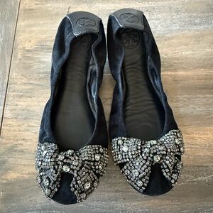 Elegant Black Embellished Women's Flats by Tory Burch, size 6.5